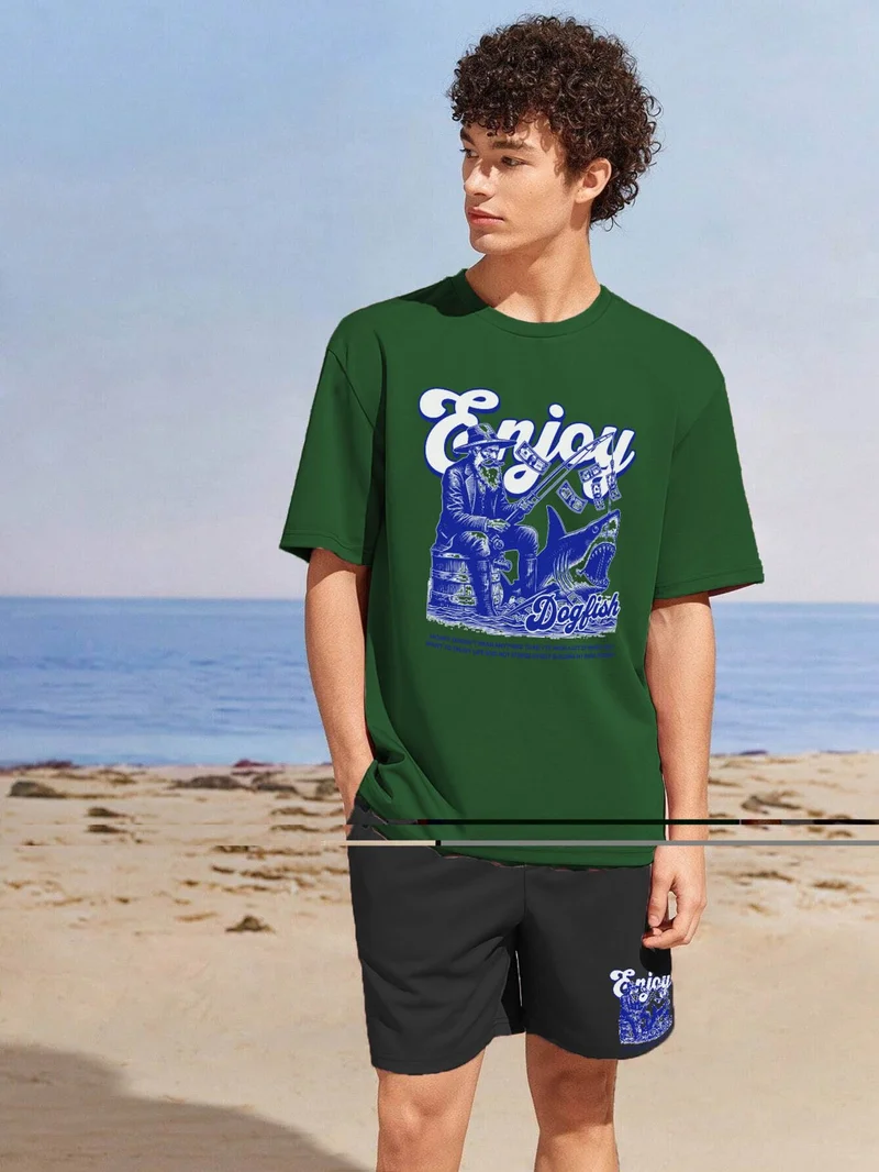 DogFish Couple Lover Combination Oversize Enjoy Your Life Design Printed T-Shirt 2-Pack