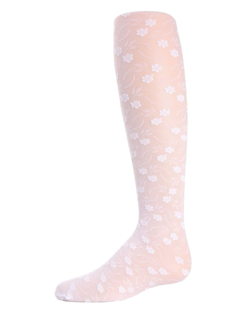 MeMoi Sweet Blossoms Sheer Tights for Girls, Ultra Soft and Lightweight Floral Lace Girls Tights - Sizes 2-14, White, 12-14 - Image 1