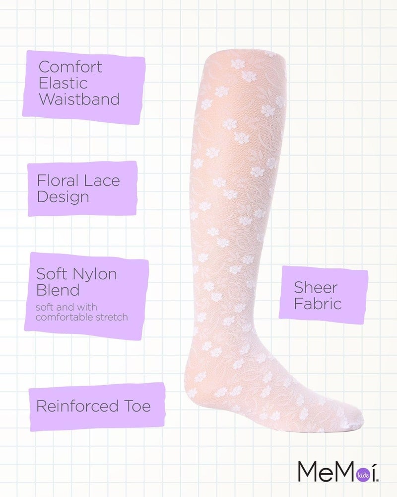 MeMoi Sweet Blossoms Sheer Tights for Girls, Ultra Soft and Lightweight Floral Lace Girls Tights - Sizes 2-14, White, 12-14 - Image 3
