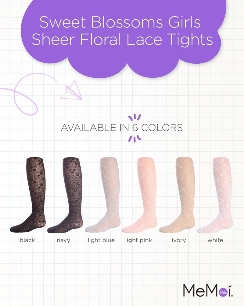 MeMoi Sweet Blossoms Sheer Tights for Girls, Ultra Soft and Lightweight Floral Lace Girls Tights - Sizes 2-14, White, 12-14 - Image 2