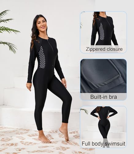 ALLTOKE Womens Full Body Rash Guard with Built in Bra Long Sleeve One Piece Swimsuit UPF50+ Zip Front Bathing Suit Black White Polka Dot M - Image 3