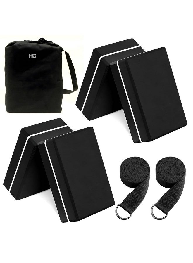 HOMEGALLEY Yoga Blocks Pack of 4 with 2 Belt for Exercise High Density Eva Exercise Block Pairs to Improve Strength, Balance, Stretching Yoga Bricks Set with Strap for Women and Men (Black and White) - Image 1