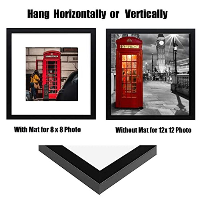 PWTAKO 12x12 Picture Frame Set of 6, Display Pictures 8x8 with Mat or 12x12 Without Mat for Wall Mounting,Black - Image 3