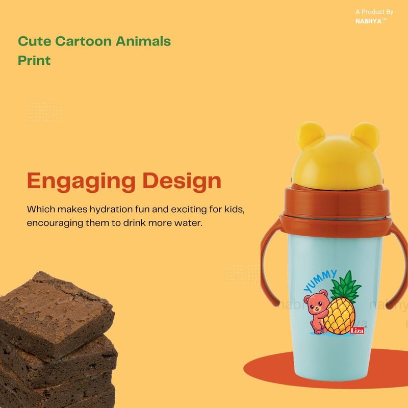 Nabhya زجاجة ماء للأطفال بتصميم حيوانات لطيف 360 مل من الفولاذ المقاوم للصدأ معزولة ساخنة وباردة خالية من BPA (وردي وأزرق - 2 قطعة) - Image 3