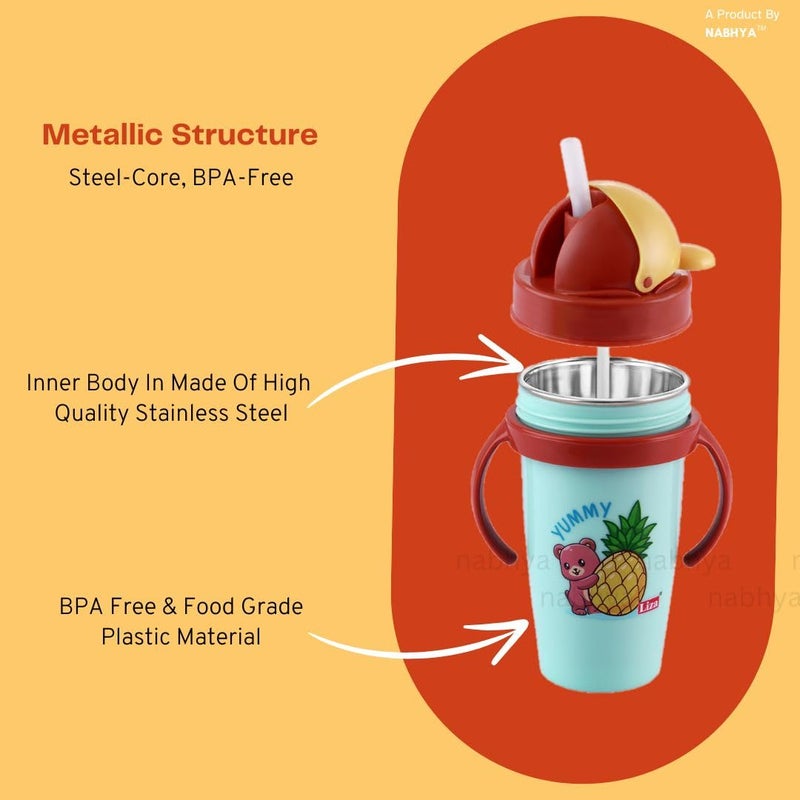 Nabhya زجاجة ماء للأطفال بتصميم حيوانات لطيف 360 مل من الفولاذ المقاوم للصدأ معزولة ساخنة وباردة خالية من BPA (وردي وأزرق - 2 قطعة) - Image 4