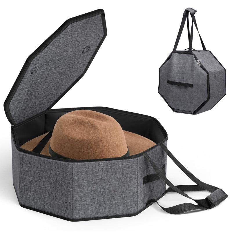 SLEEPING LAMB Large Hat Box for Women Storage Collapsible Cowboy Hat Travel Case with Handles for Men Carry and Wide Brims Cap Organizer for Closet Gray - Image 2