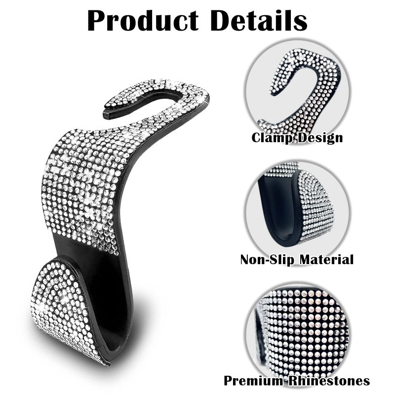 OSIFIT 2PCS Car Seat Hooks, Bling Rhinestone Headrest Hooks, Universal Bling Car Interior Accessories, for Handbag, Clothes, Purse, Water Bottle (White) - Image 2