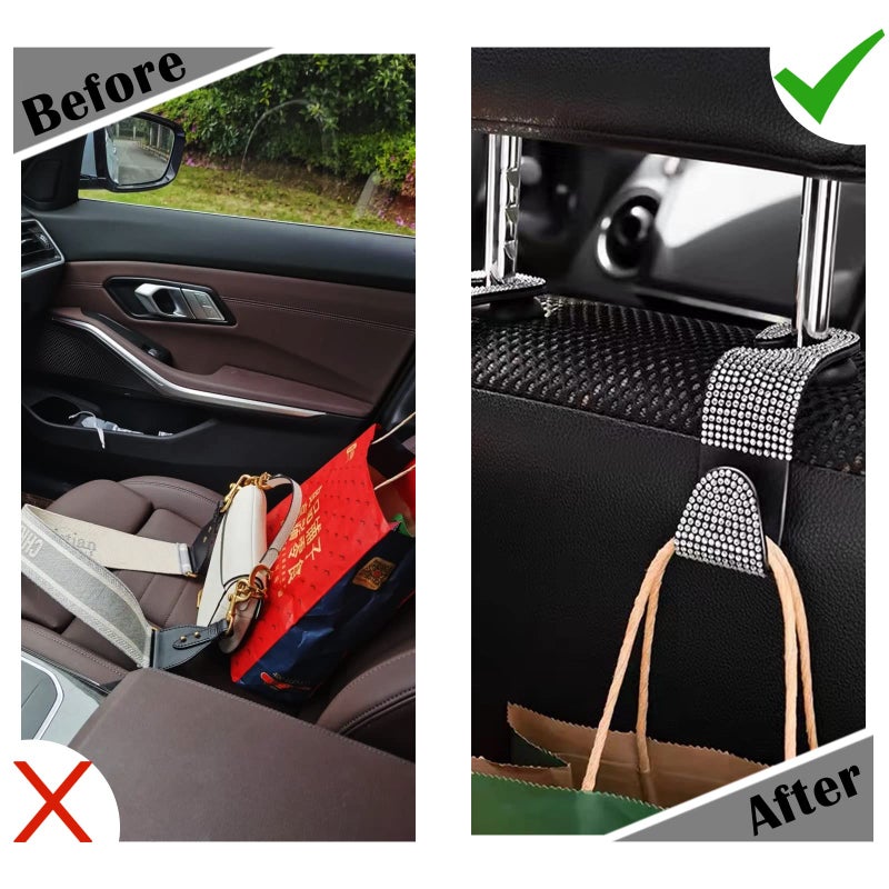 OSIFIT 2PCS Car Seat Hooks, Bling Rhinestone Headrest Hooks, Universal Bling Car Interior Accessories, for Handbag, Clothes, Purse, Water Bottle (White) - Image 4