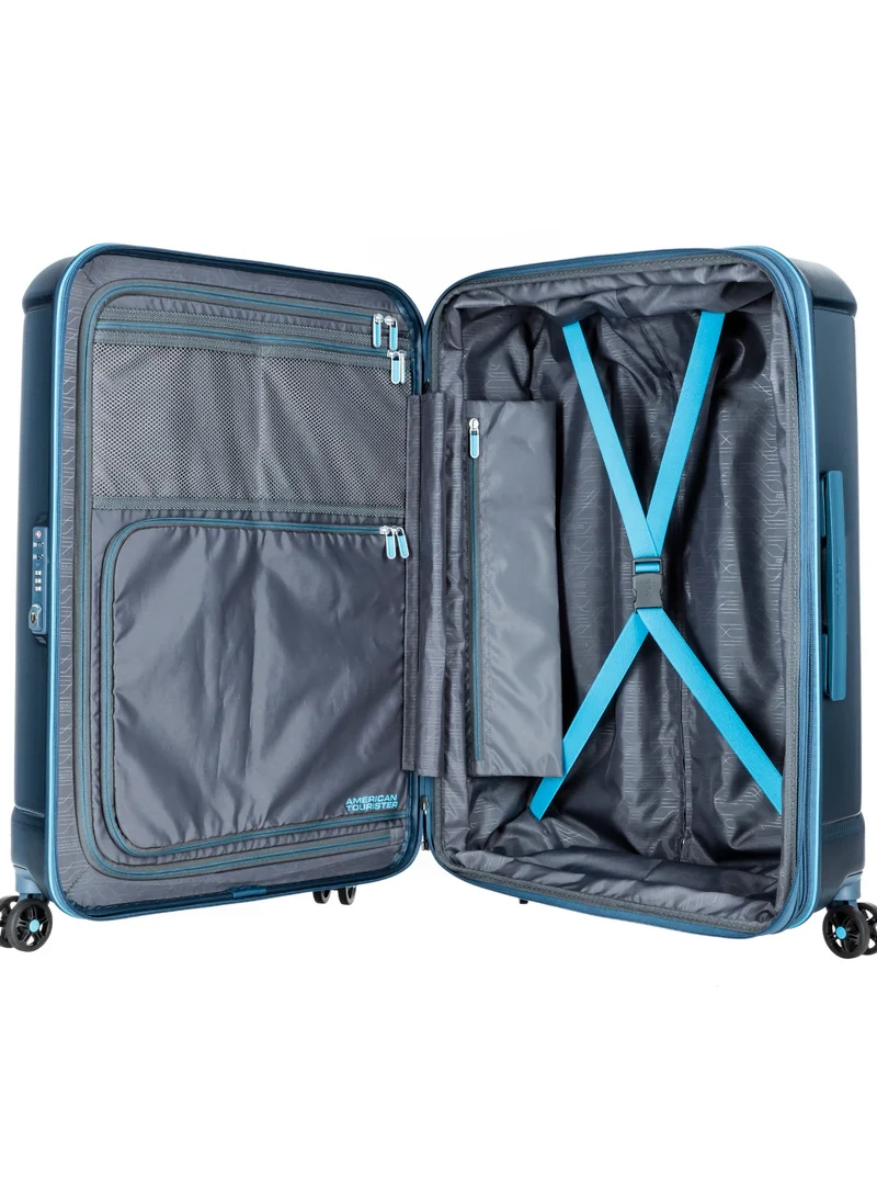 American Tourister  Technum Suitcase, Check-In Size 86 cm / 33 inch, 4 Spinner Wheels, Hard Top, Polycarbonate, Metallic Blue|DuoSaf™ Security Zipper|Dual Tube Pull Handle|Expandable|TSA Lock - 3 Years International Warranty  | Best Price UAE