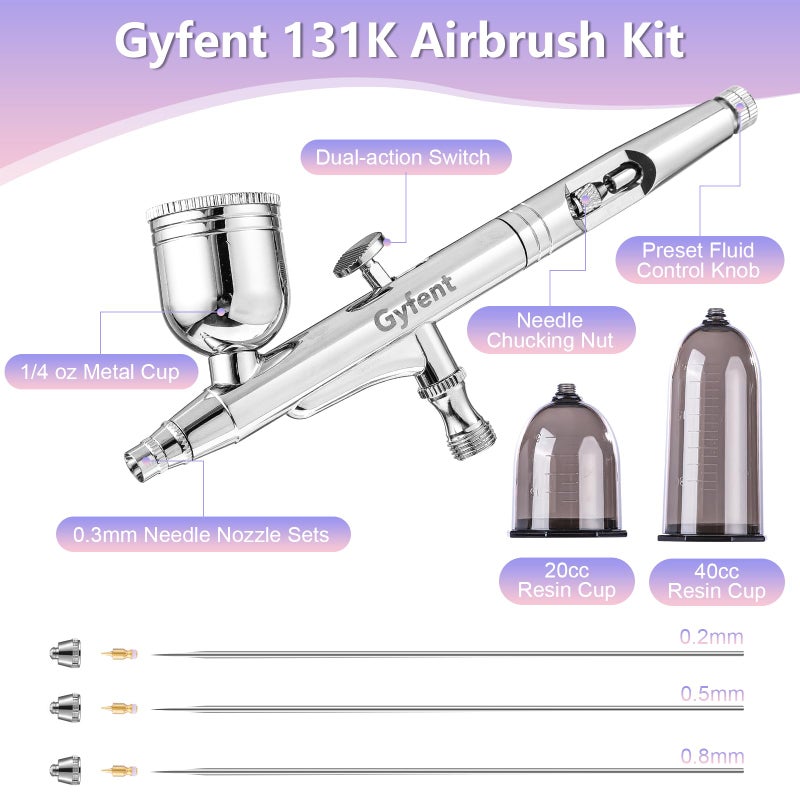 Gyfent Airbrush Kit, Airbrush Gun with 4 Quick-Release Nozzle Sets(0.2/0.3/0.5/0.8mm) Dual-Action Gravity Feed Air Brush with 1/4oz Fluid Cup & 20/40ml Resin Cup for Nail Art Painting Makeup Cake - Image 4