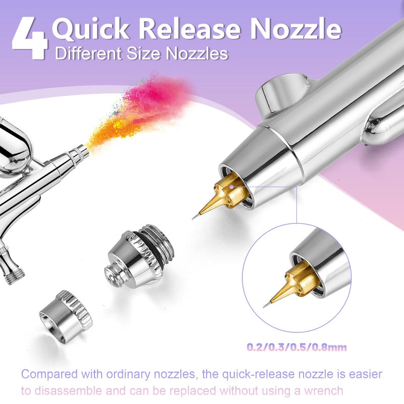 Gyfent Airbrush Kit, Airbrush Gun with 4 Quick-Release Nozzle Sets(0.2/0.3/0.5/0.8mm) Dual-Action Gravity Feed Air Brush with 1/4oz Fluid Cup & 20/40ml Resin Cup for Nail Art Painting Makeup Cake - Image 3