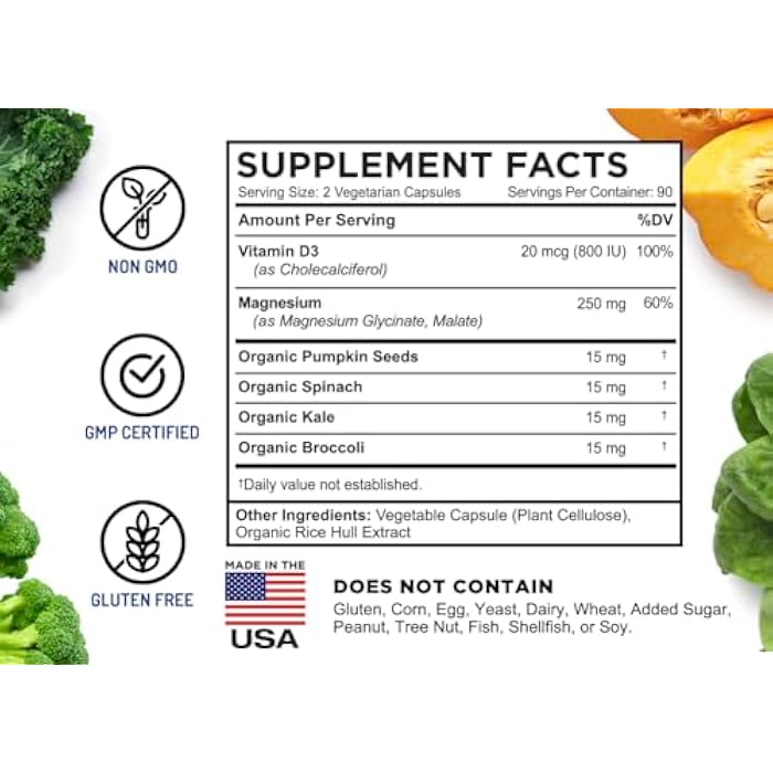 FarmHaven Magnesium Glycinate & Malate Complex w/Vitamin D3, 100% Chelated for Max Absorption, Vegetarian – Bone Health, Nerves, Muscles, 180 Capsules, 90 Days - Image 3