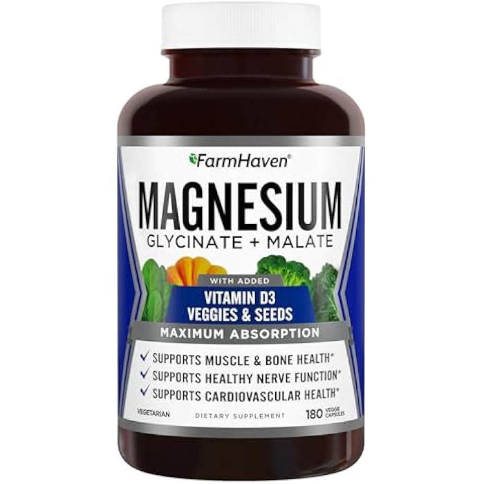 FarmHaven Magnesium Glycinate & Malate Complex w/Vitamin D3, 100% Chelated for Max Absorption, Vegetarian – Bone Health, Nerves, Muscles, 180 Capsules, 90 Days - Image 1