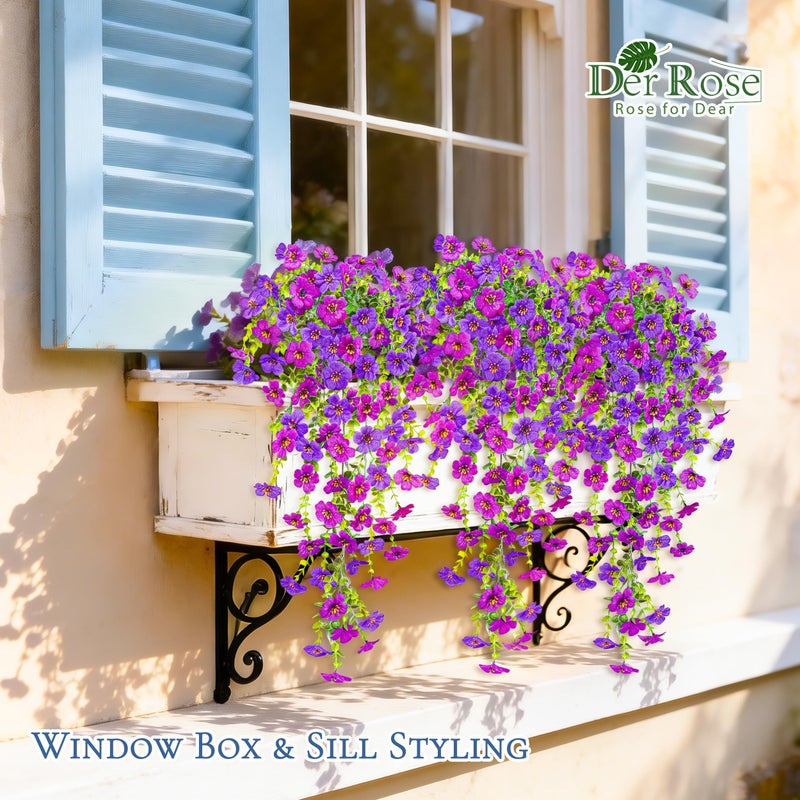 Der Rose Artificial Hanging Flowers for Outdoors UV Resistant Fake Hanging Plants for Spring Decoration, Realistic Silk Flowers with Trailing Vines for Porch Patio Balcony Fence Garden Decor - Image 2