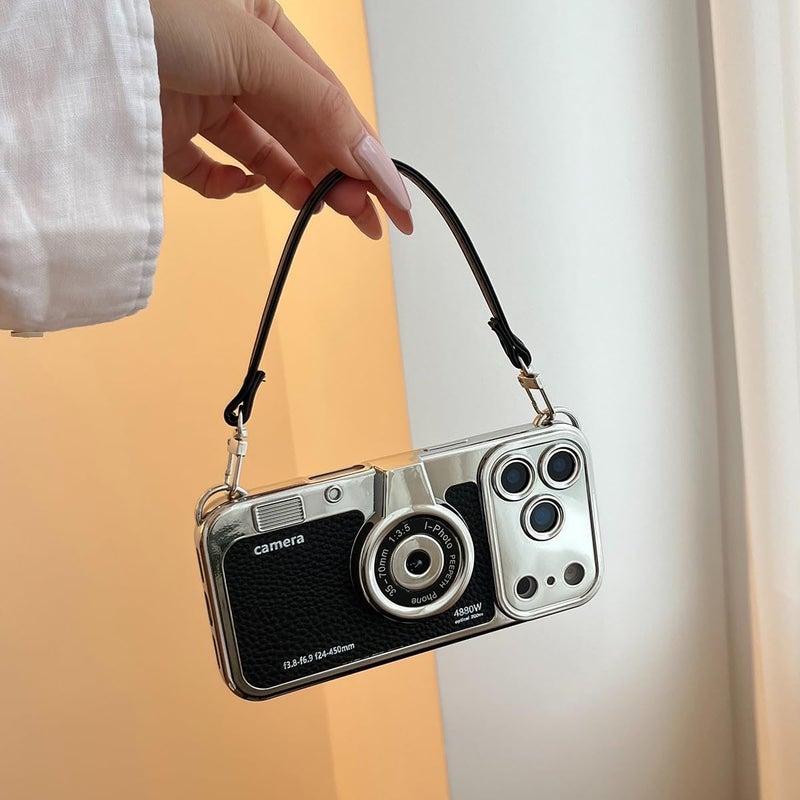 QoKcoahn 3D Vintage Camera Phone Case with Hand Strap - Unique Cool Silicone PC Shockproof Crossbody Protective Case for iPhone 17 Pro-Black - Image 2
