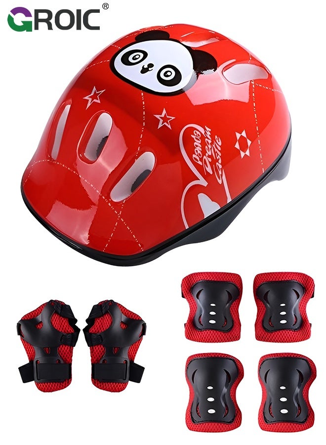 GROIC 7Pcs Kids Bike Helmet Set,Skateboard Knee Pads, Helmet Pad Set Protective Gear Set,Kids Helmet Set with Knee Elbow Wrist Pads for Skateboard Cycling Scooter Rollerblading(Red-Panda) - Image 1