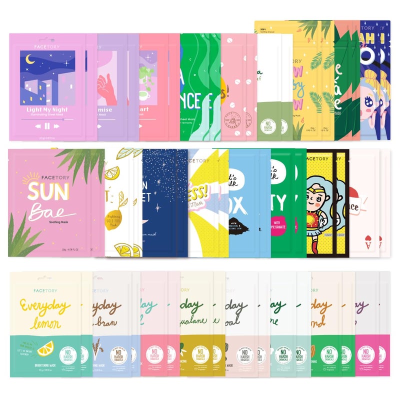 FACETORY K Beauty Face Mask Skin Care 50 COLLECTION Sheet Mask Set  Natural Premium Korean Face Mask For All Skin Types  No Sulfates No Parabens 50 pc