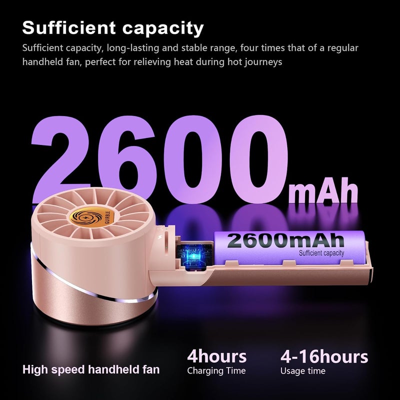 مروحة يدوية، مروحة محمولة، وقت تبريد أقصى 16 ساعة، مروحة قابلة للشحن عبر USB بسعة 2600 مللي أمبير، مروحة صغيرة تعمل بالبطارية مع 4 سرعات للسفر/الخارج/المنزل/المكتب/المكياج (وردي فاتح) - Image 4
