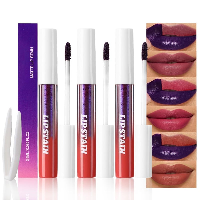 evpct 3Pcs Maroon Mauve Red Nude Brown Peel Off Lip Stain Tints, Matte Liquid Lipstick Lip Stain Long Lasting Waterproof for Women, Longwear Lipstick Peel Off Highly Pigmented Smudge-proof Easy Apply - Image 1