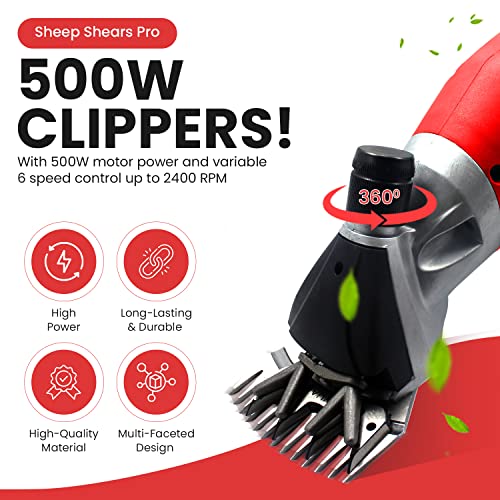 Sheep Shears Pro 110V 500W Professional Heavy Duty Electric Shearing Clippers with 6 Speed for Shaving Fur Wool in Sheep Goats Cattle and other Farm Livestock Pet with Grooming Carrying Case CE - Image 2
