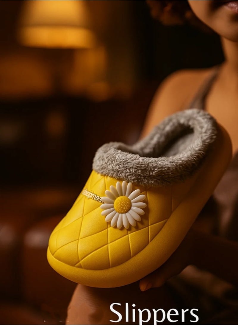 HAPPINESS Winter Home Slippers with Faux Fur & Elegant Flower - Size 32-33 - Image 2