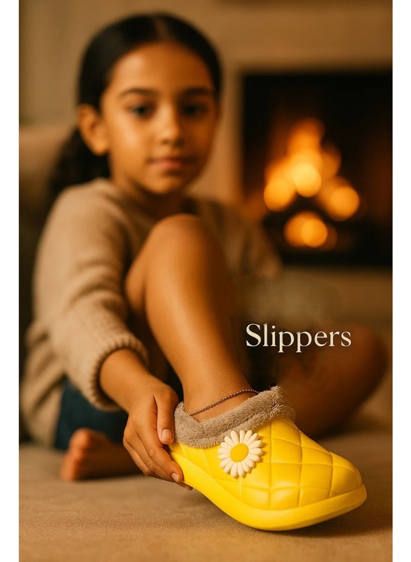 HAPPINESS Winter Home Slippers with Faux Fur & Elegant Flower - Size 32-33 - Image 1