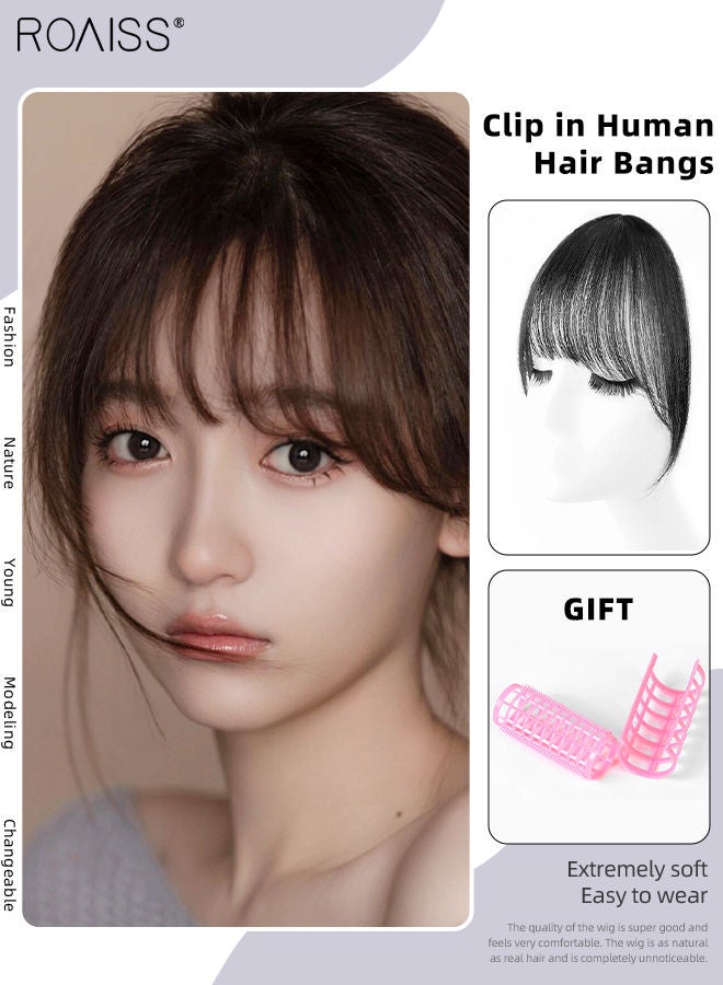 roaiss Clip in Human Hair Bangs Handmade Hairpieces 3D Air Fringe Wispy hair Extensions with Side Swept Bangs with a Hair Roller for Women Daily Wear Brown Black - Image 1