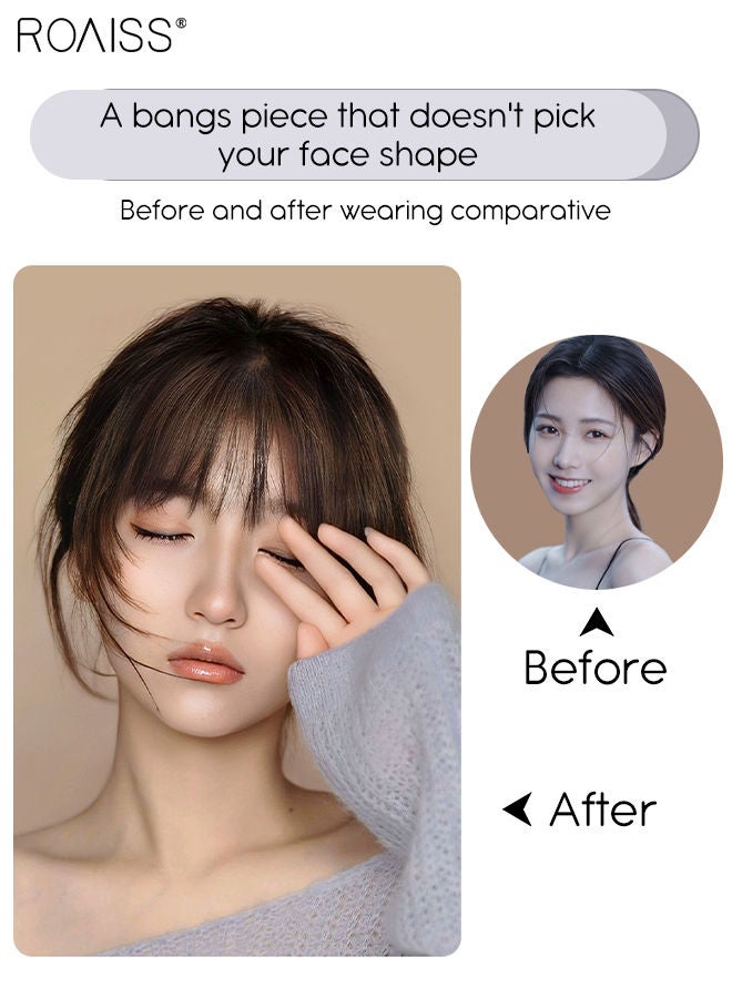 roaiss Clip in Human Hair Bangs Handmade Hairpieces 3D Air Fringe Wispy hair Extensions with Side Swept Bangs with a Hair Roller for Women Daily Wear Brown Black - Image 2