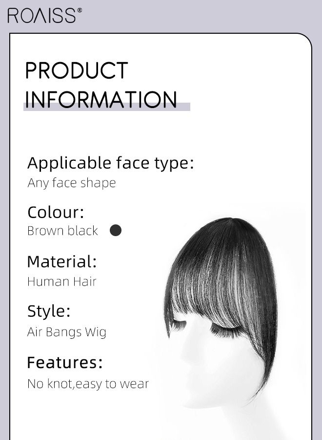 roaiss Clip in Human Hair Bangs Handmade Hairpieces 3D Air Fringe Wispy hair Extensions with Side Swept Bangs with a Hair Roller for Women Daily Wear Brown Black - Image 3