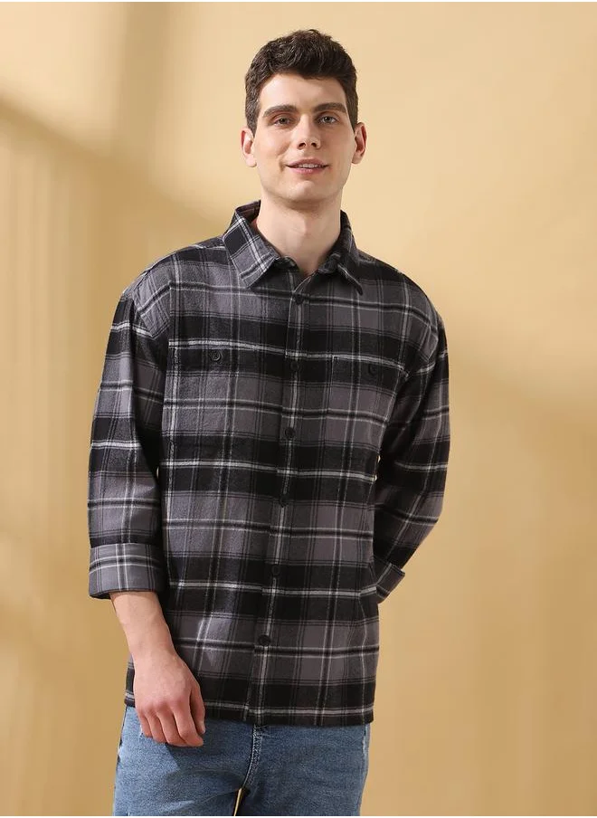 Dennis Lingo Relaxed Fit Checks Black Flannel Regular Length Full Sleeves Spread Collar Woven Weave Button Down for Men -designed to keep you ahead in style.