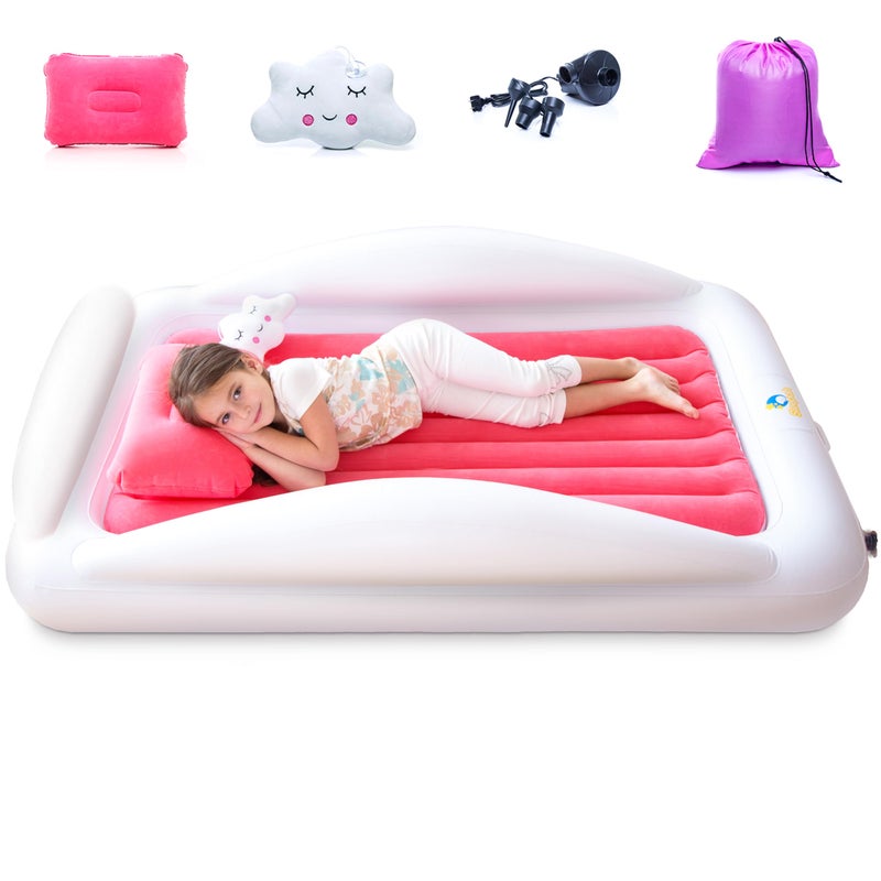 Sleepah Inflatable Toddler Travel Bed Portable Kids Air Mattress Set w Safety Rail Guards for Kids & Toddlers - Includes Pump, Carry Case, Pillow & More - Perfect Transitional Cot Coral - Image 1