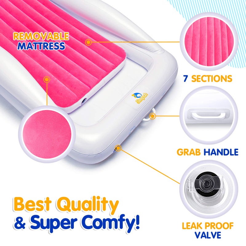 Sleepah Inflatable Toddler Travel Bed Portable Kids Air Mattress Set w Safety Rail Guards for Kids & Toddlers - Includes Pump, Carry Case, Pillow & More - Perfect Transitional Cot Coral - Image 4