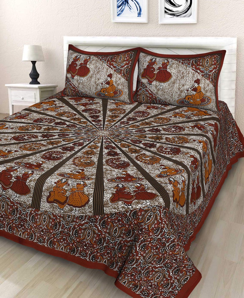Monique Bedsheet for Double Bed / 100% Pure Cotton Rajasthani Dola Maru Jaipuri Print Traditional 144 TC King Size Double Bed Bedsheet with 2 Pillow Covers - Image 3