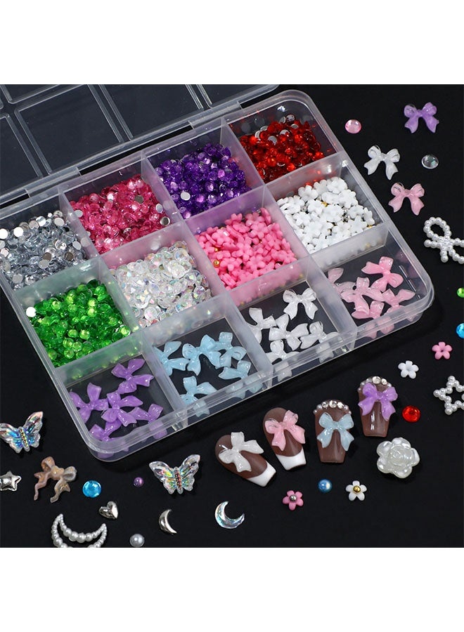 Happy D Nail rhinestone set with 12 compartments, 3D bows and pearl nail studs, moon, star, and heart shapes, colorful mixed colors, perfect for DIY nail decoration, suitable for nails, face crafts, and makeup - Image 2