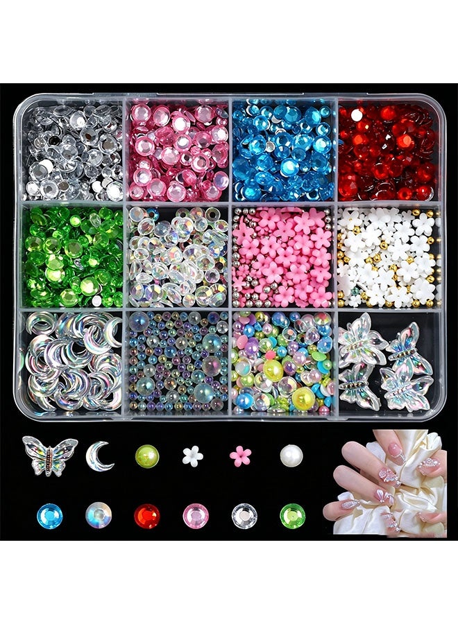 Happy D Nail rhinestone set with 12 compartments, 3D bows and pearl nail studs, moon, star, and heart shapes, colorful mixed colors, perfect for DIY nail decoration, suitable for nails, face crafts, and makeup - Image 1