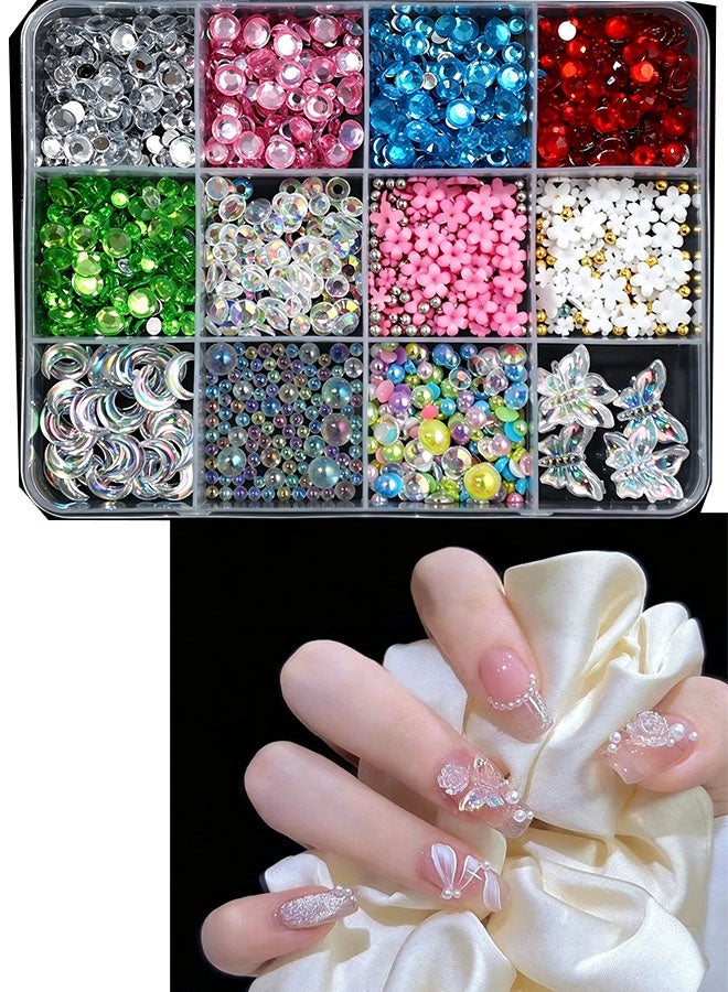 Happy D Nail rhinestone set with 12 compartments, 3D bows and pearl nail studs, moon, star, and heart shapes, colorful mixed colors, perfect for DIY nail decoration, suitable for nails, face crafts, and makeup - Image 3