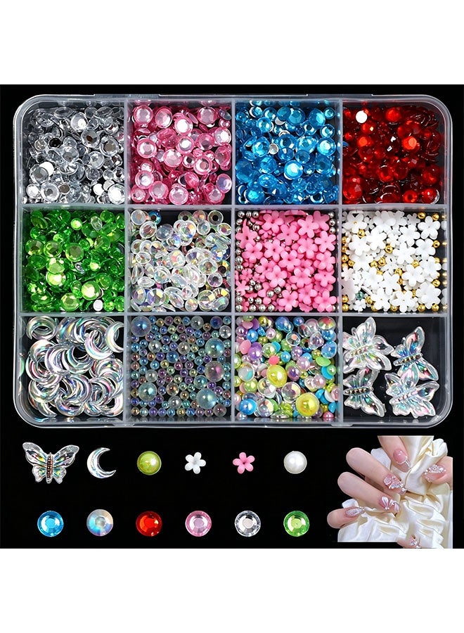 Happy D Nail rhinestone set with 12 compartments, 3D bows and pearl nail studs, moon, star, and heart shapes, colorful mixed colors, perfect for DIY nail decoration, suitable for nails, face crafts, and makeup - Image 4