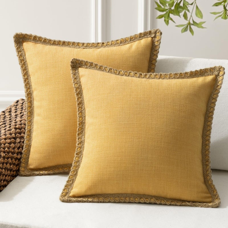 Phantoscope Pack of 2 Farmhouse Decorative Throw Decorative Pillow Cover Burlap Linen Trimmed Tailored Edges  Mustard Yellow  20 x 20 inches  50 x 50 cm - Image 1
