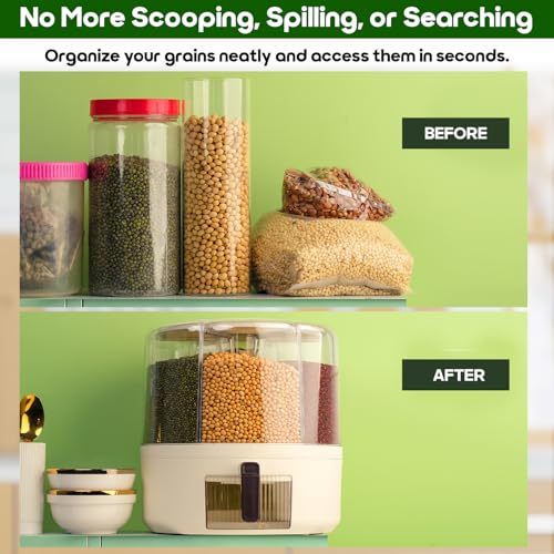 InstaCuppa Rotating Grain Dispenser for Kitchen | 6 Compartment Airtight Storage Container for Rice, Dal & Pulses | BPA-Free Plastic | Single-Button Dispensing | 360° Rotation | 6 Kgs Capacity - Image 3