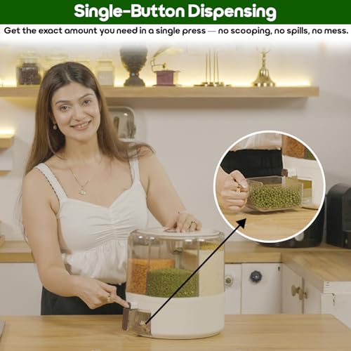 InstaCuppa Rotating Grain Dispenser for Kitchen | 6 Compartment Airtight Storage Container for Rice, Dal & Pulses | BPA-Free Plastic | Single-Button Dispensing | 360° Rotation | 6 Kgs Capacity - Image 5