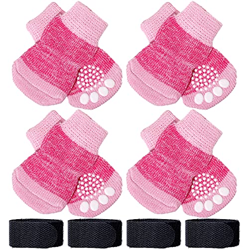 Frienda 8 Pieces Anti-Slip Socks for Cats Small Dog Socks to Prevent Licking Paws, Traction Control Boots Paw Protectors for Hardwood Floors for Puppy Small Dogs and Kittens(S,Pink) - Image 1