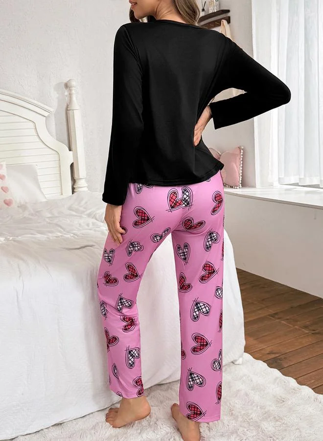 Take Two Take Two Heart Print Long Sleeve T-Shirt and Pyjama Set