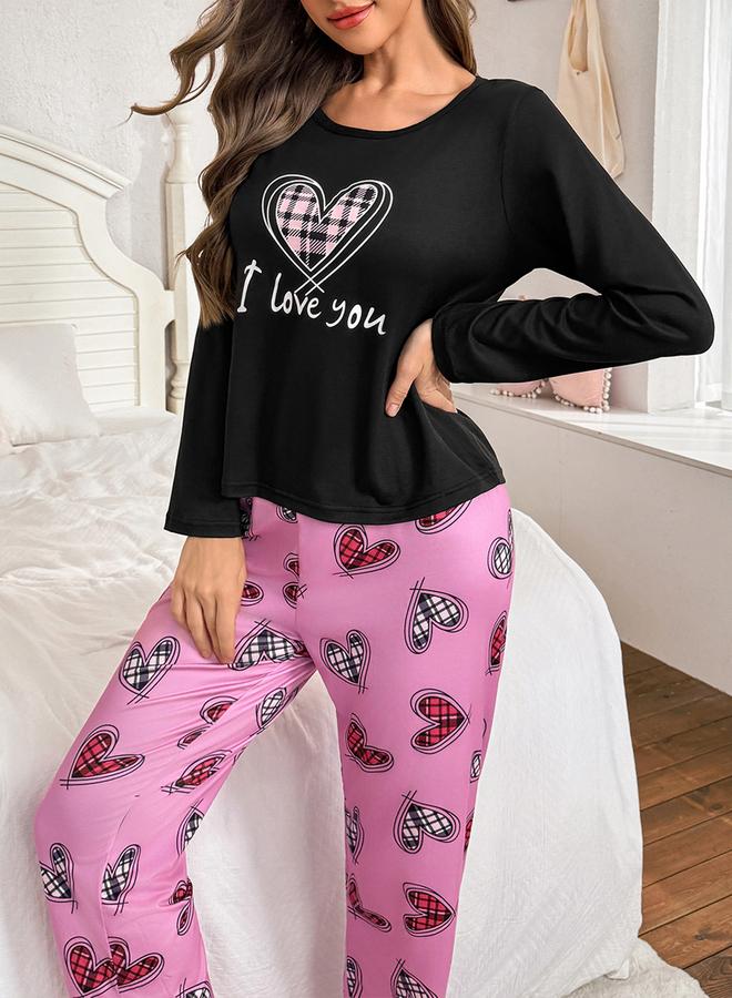 Take Two Heart Print Long Sleeve T-Shirt and Pyjama Set - Image 3