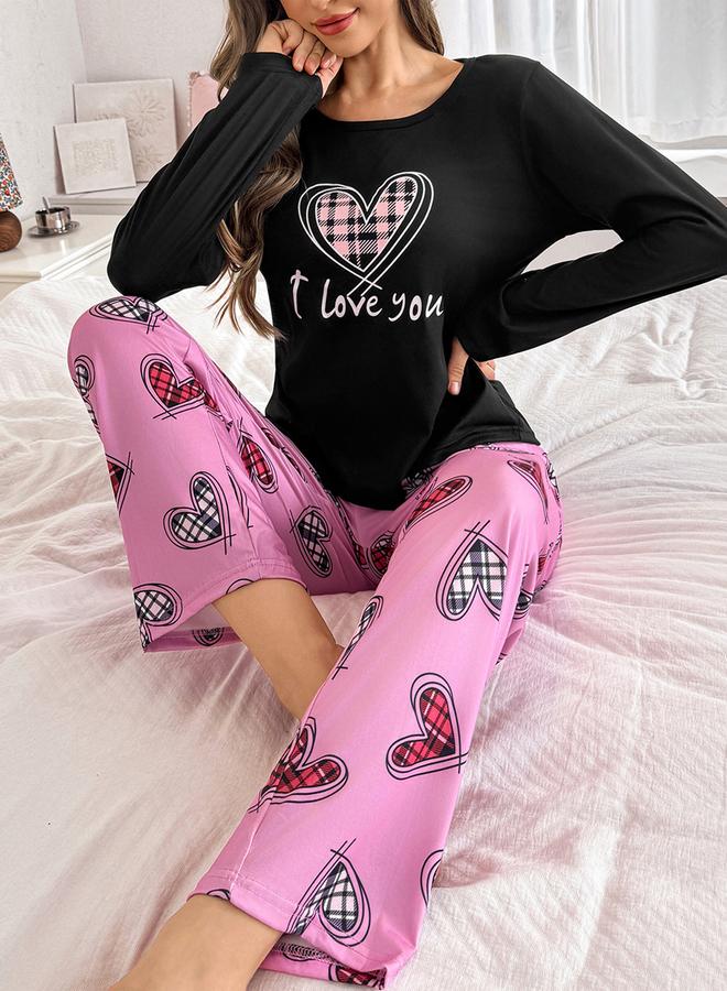 Take Two Heart Print Long Sleeve T-Shirt and Pyjama Set - Image 1