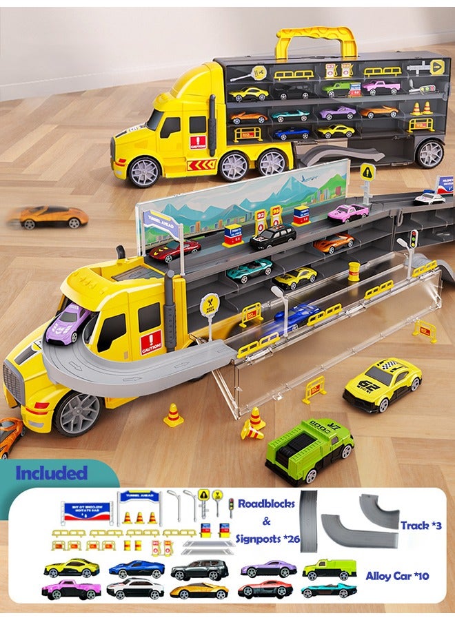 XiuWoo Carrier Truck Dual Race Track Toddlers Toys Foldable 3 Layer Car Race Track Playset Toy Truck Transport Car Carrier & 10 Alloy Cars Truck Car Kids Toys Gifts for Age 3 4 5 6+ Years Old Boys Girls - Image 1