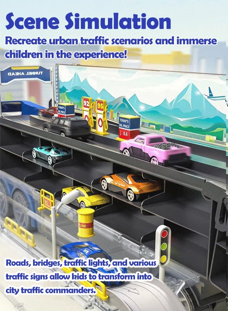 XiuWoo Carrier Truck Dual Race Track Toddlers Toys Foldable 3 Layer Car Race Track Playset Toy Truck Transport Car Carrier & 10 Alloy Cars Truck Car Kids Toys Gifts for Age 3 4 5 6+ Years Old Boys Girls - Image 2