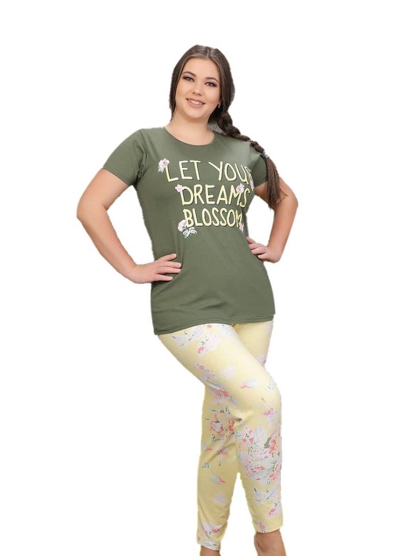 جنة بيجامة نسائية بأكمام قصيره وبنطلون طويل صيفيه مصنوعه من القطن مقاسات كبيره