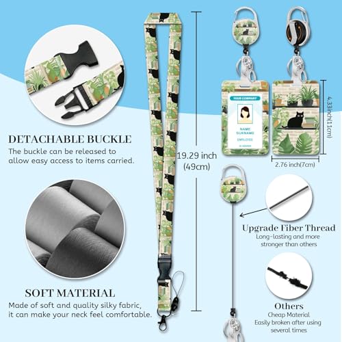 Hancynir Lanyards for Id Badges, Black Cat Leaves Badge Holder with Retractable Reel Clip, Cute Work Name Tags Keychain Lanyard ID Card Protector Cover Case for Women Teacher Nurse Doctor Office - Image 4