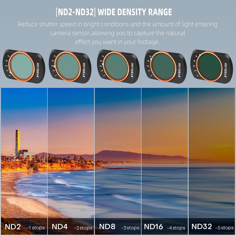 طقم مرشحات ND متغيرة للعدسة REYGEAK Pocket 3 VND 2-32 (1-5 توقف) و VND 64-512 (6-9 توقف) متوافق مع DJI Osmo Pocket 3، إطار من سبائك الألومنيوم - Image 5