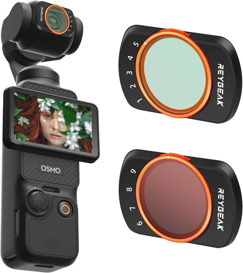 طقم مرشحات ND متغيرة للعدسة REYGEAK Pocket 3 VND 2-32 (1-5 توقف) و VND 64-512 (6-9 توقف) متوافق مع DJI Osmo Pocket 3، إطار من سبائك الألومنيوم - Image 1